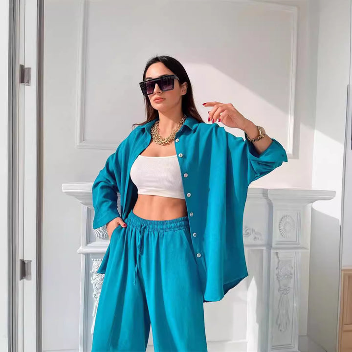 Ladies High-End two-piece in lightweight blended fabric with loose blouse and comfortable pants Lune London