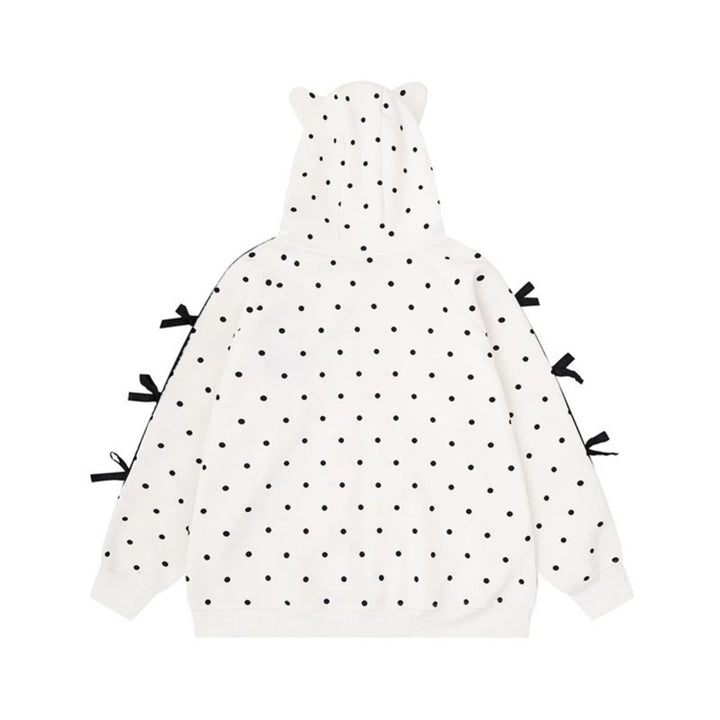 Women's hooded sweatshirt jacket with polka dot all-over, cat patch, bow sleeves and ear hood Amarae