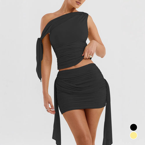Women's set of off-the-shoulder blouse and mini skirt with gathering Amarae