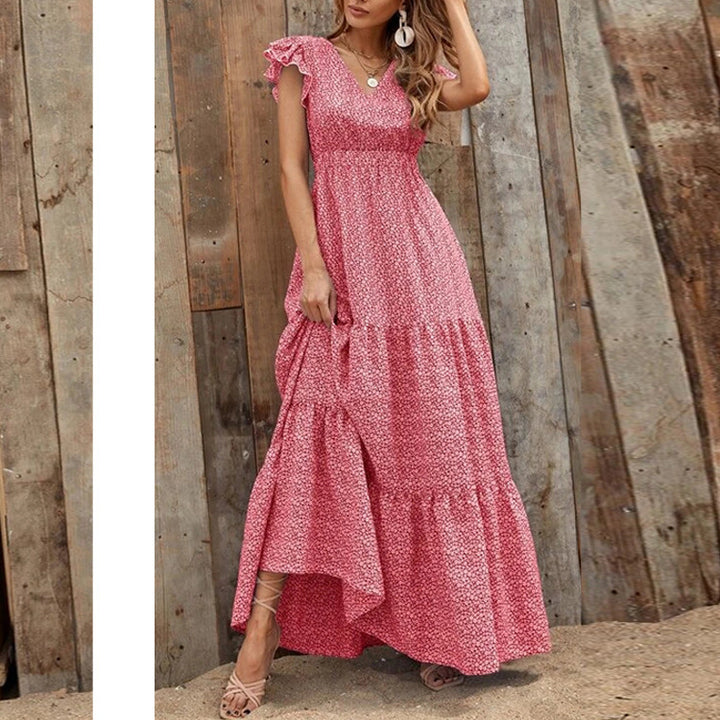 Maxi dress for women with delicate ruffle details and a deeper V neckline Lune London