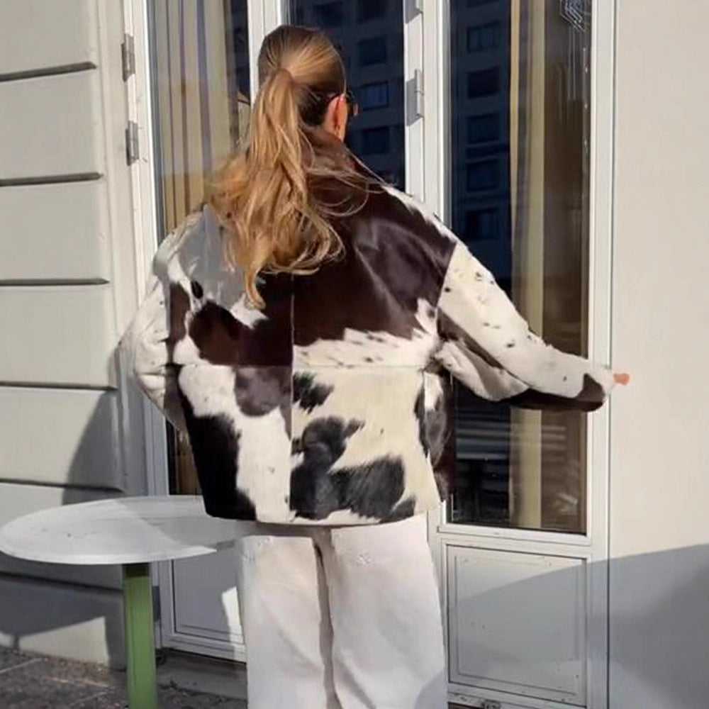 Women's short jacket made of shaggy faux fur with patchwork look and high stand-up collar Amarae