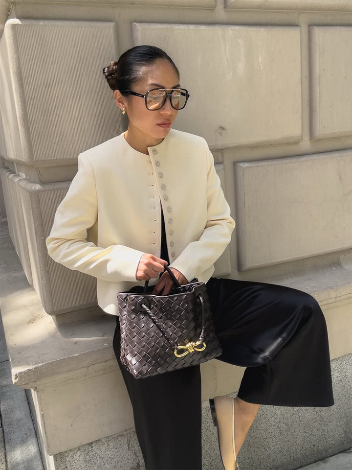 Women Elegant fitted short blazer with standing collar and decorative button placket Amarae