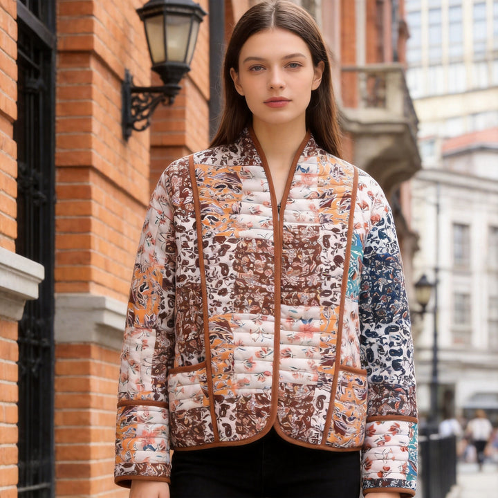 Women's Quilted Patchwork Quilted Jacket with Stand-Up Collar and Contrast Piping Amarae