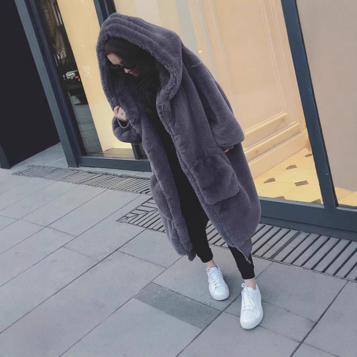 Oversized faux fur coat for women with hood and pockets Lune London