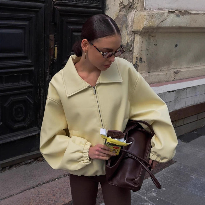 Women's Oversize Bomber Jacket with Oversized Balloon Sleeves and Zipper Amarae