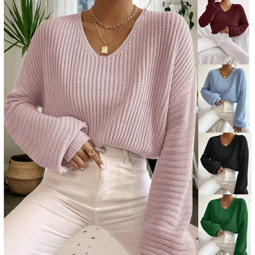 Casual knitted sweater for women with V-neck and wide sleeves Amarae