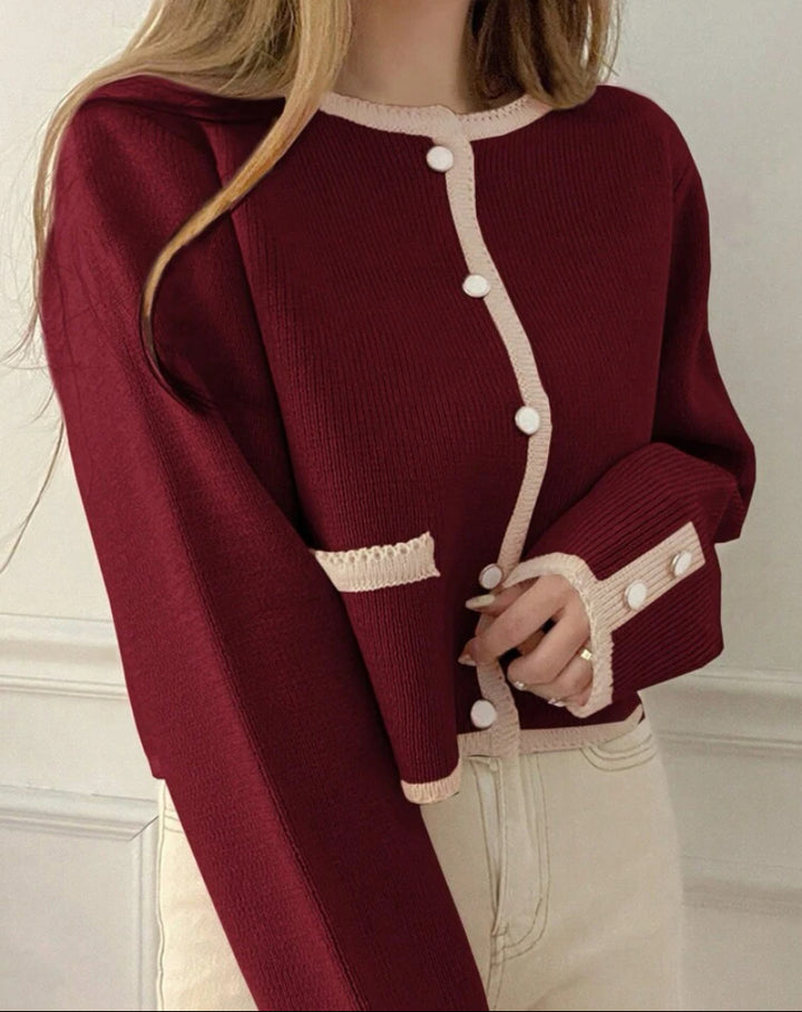 Women Knitted Short Cardigan with Beaded Collar and Pockets Lune London