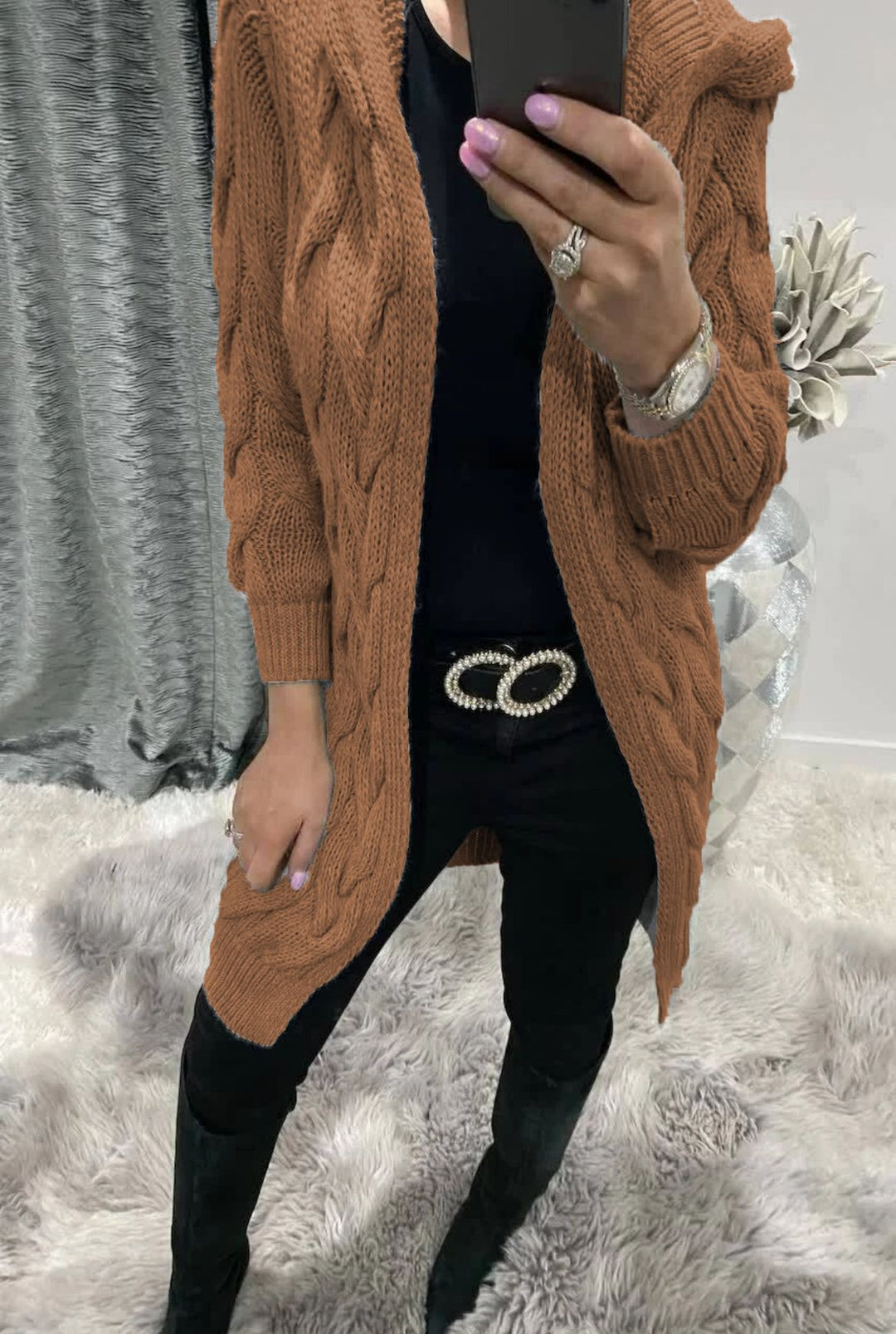 Ladies Chunky Knit Cardigan with Hood and Chic 3D Pattern