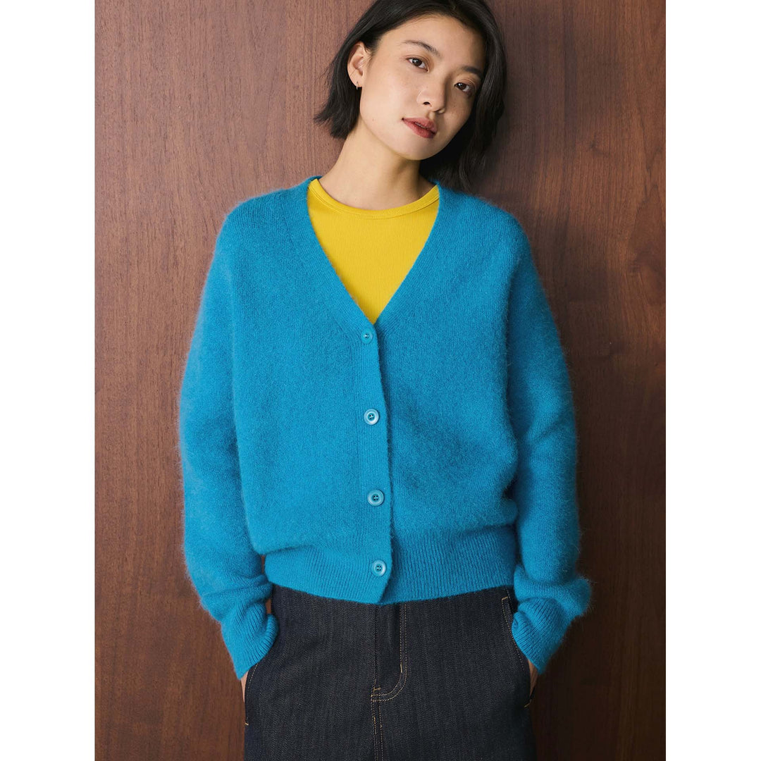Women's Cozy Mohair-Look Button Cardigan with V-Neck and Short Hem Amarae