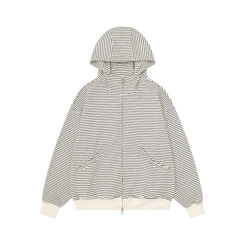 Unisex Striped Hooded Sweat Jacket with Zipper and Kangaroo Pockets Amarae