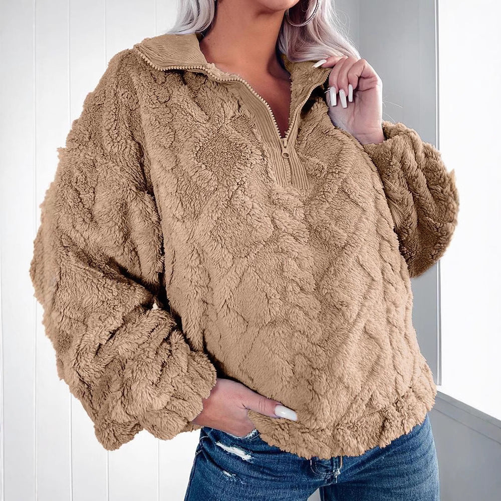 Cozy fleece sweater for women with zipper and honeycomb pattern Lune London