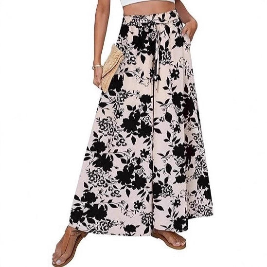 Lune London Women's Wide Leg Beach Pants with Floral Pattern