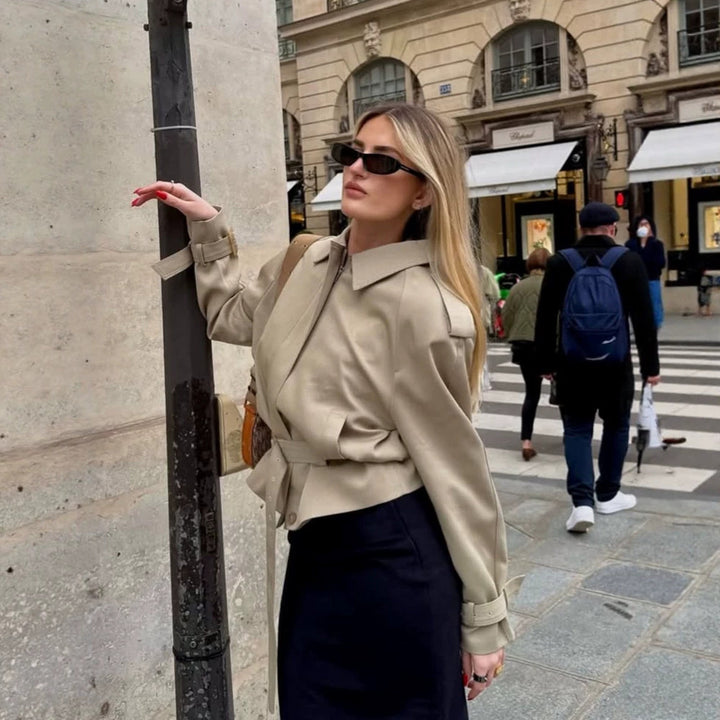Women Tailored Short Trench Coat with Tie Belt, Raglan Sleeves and Concealed Button Placket Amarae