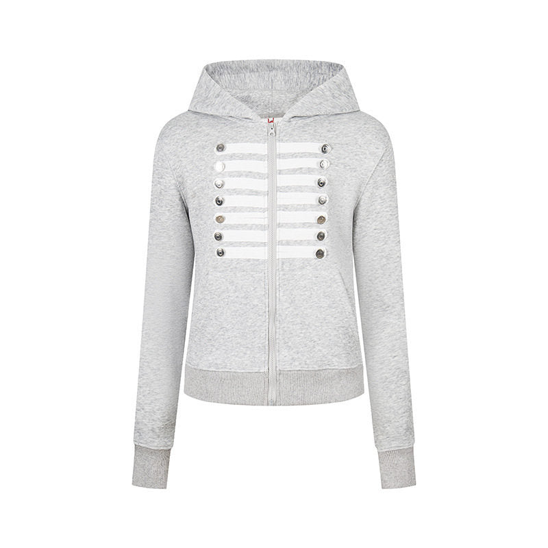 Women's hooded sweatshirt jacket with decorative military braid trim and decorative buttons Amarae