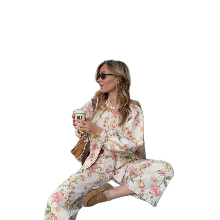 Women's Two-Piece Floral Print Co-Ord Set with Oversized Blouson and High-Waist Pants Amarae