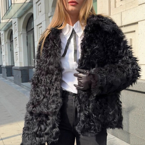 Women's Boxy Short Coat made of crinkled Faux Fur with structured wave pattern and open front Amarae