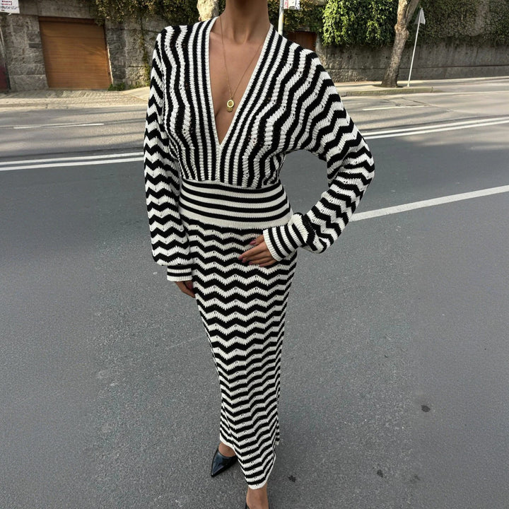 Knit dress for women with deep V-neck and modern zigzag pattern Lune London
