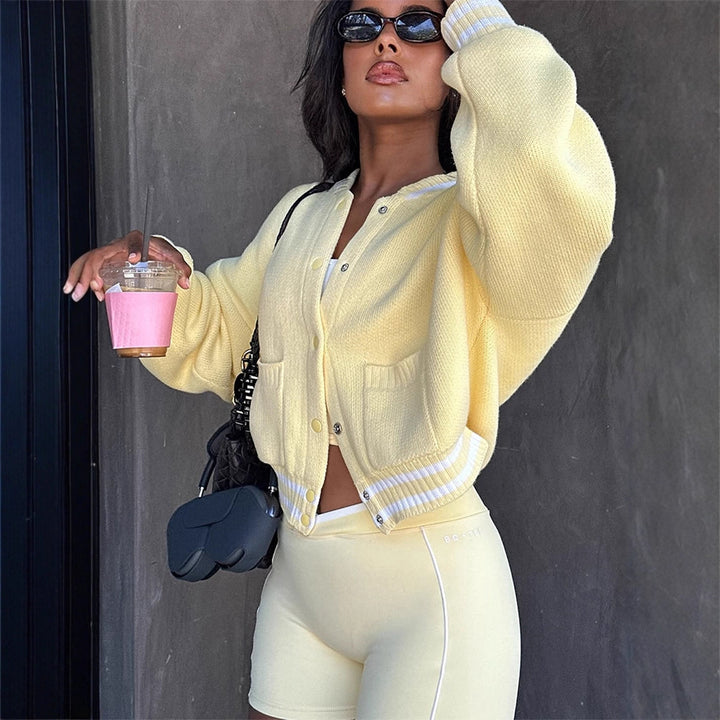 Women Cropped College Cardigan made of fine knit with balloon sleeves Amarae