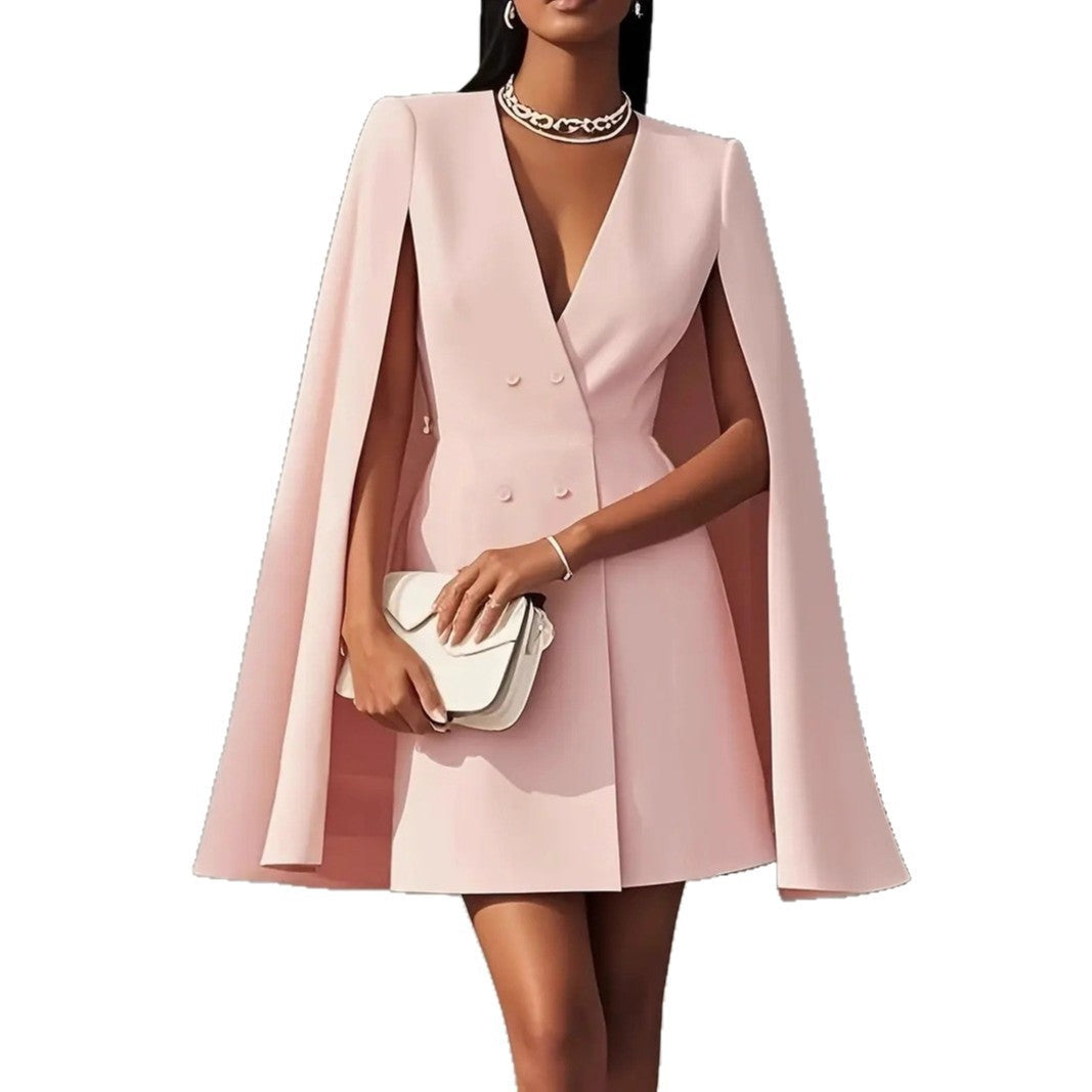 Ladies Cape Blazer Dress with Double Breasted and Flared Skirt Amarae