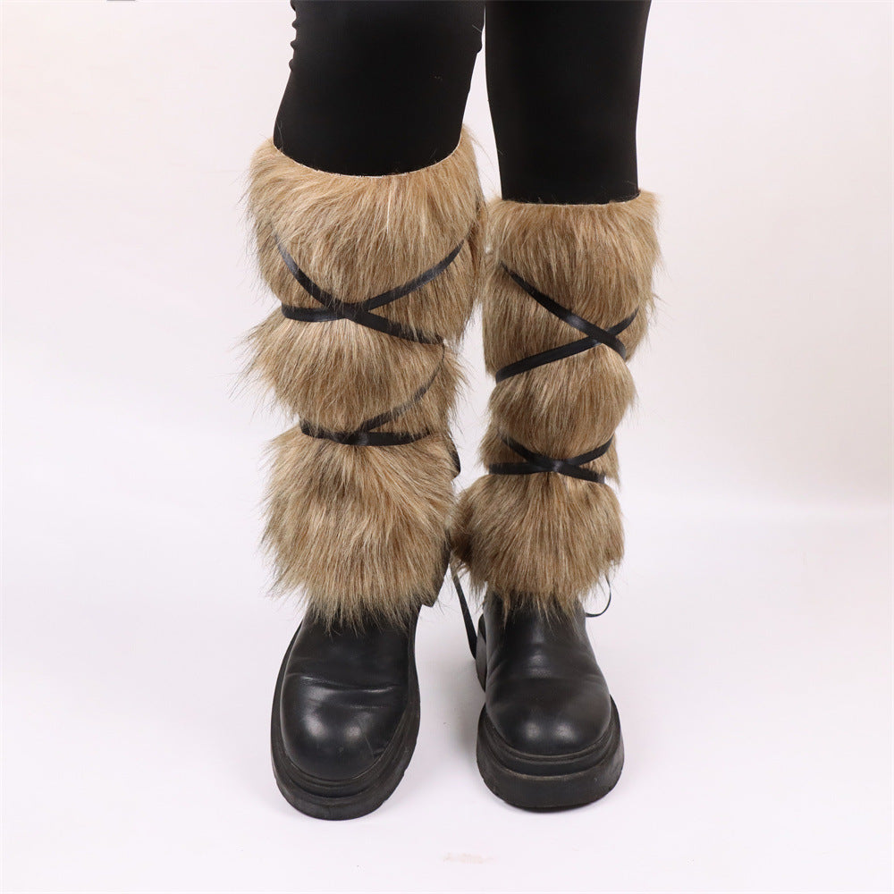 Fashion faux fur leggings for women with chic and stylish tie ribbons