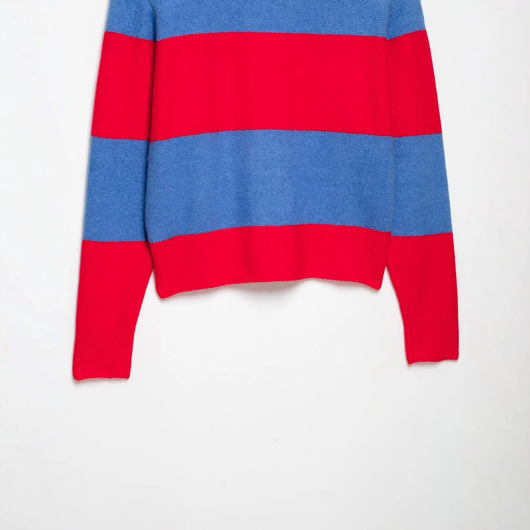 Women's Striped Rugby Sweater with Polo Collar and Short Cut Amarae