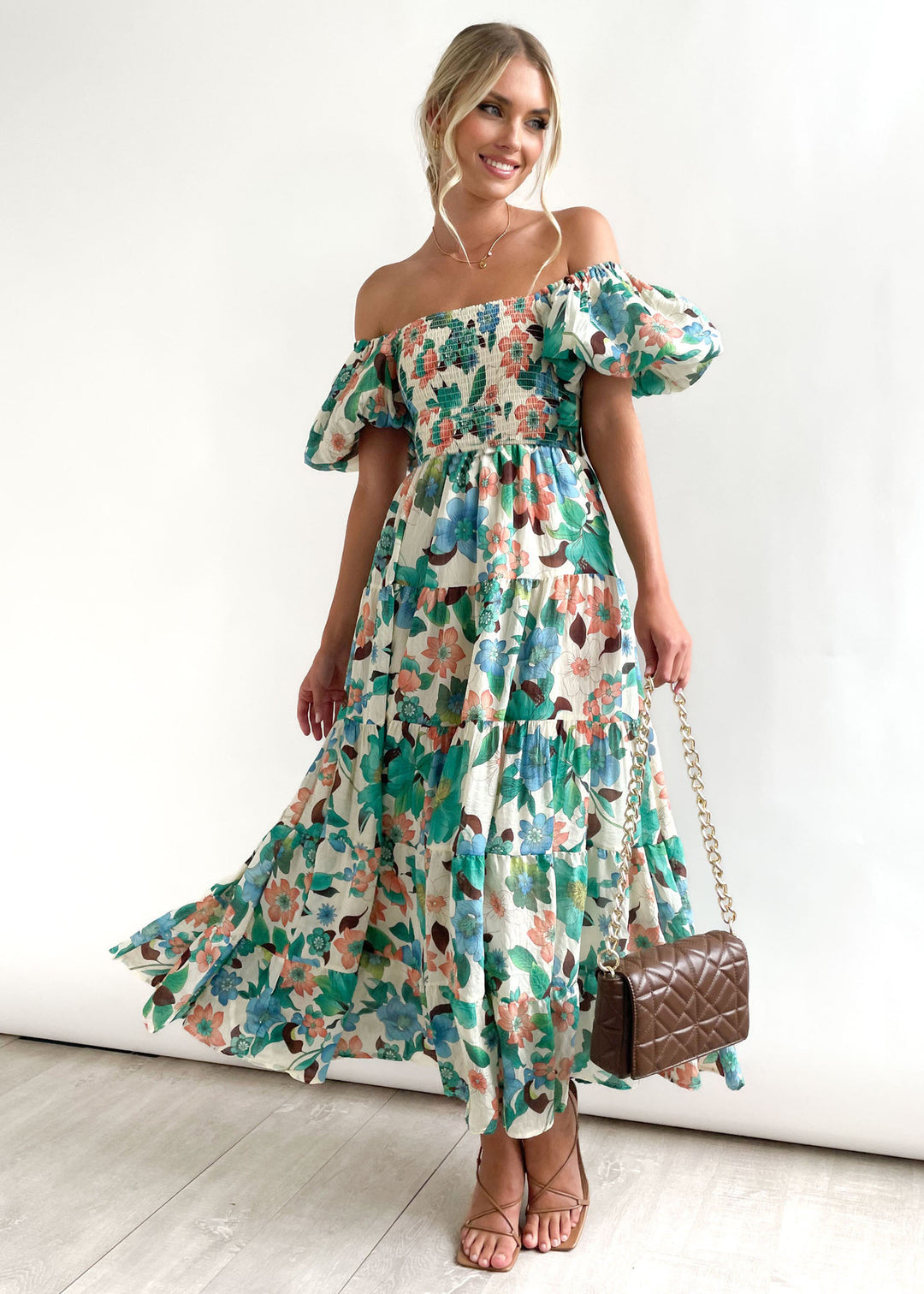 Ladies Floral Puff Sleeve Midi Dress Lune London