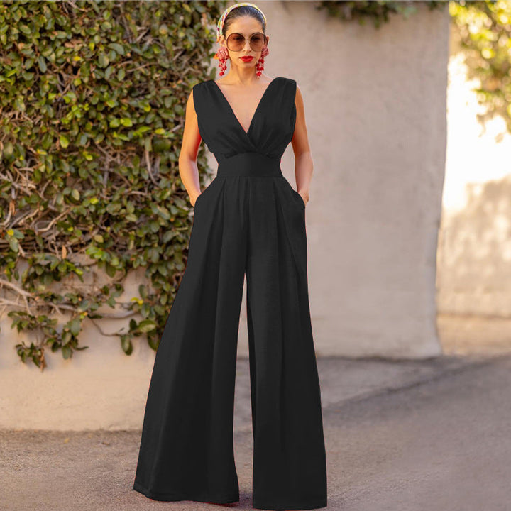 Ladies Jumpsuit with Deep V-Neck and Wide Cut Leg Lune London
