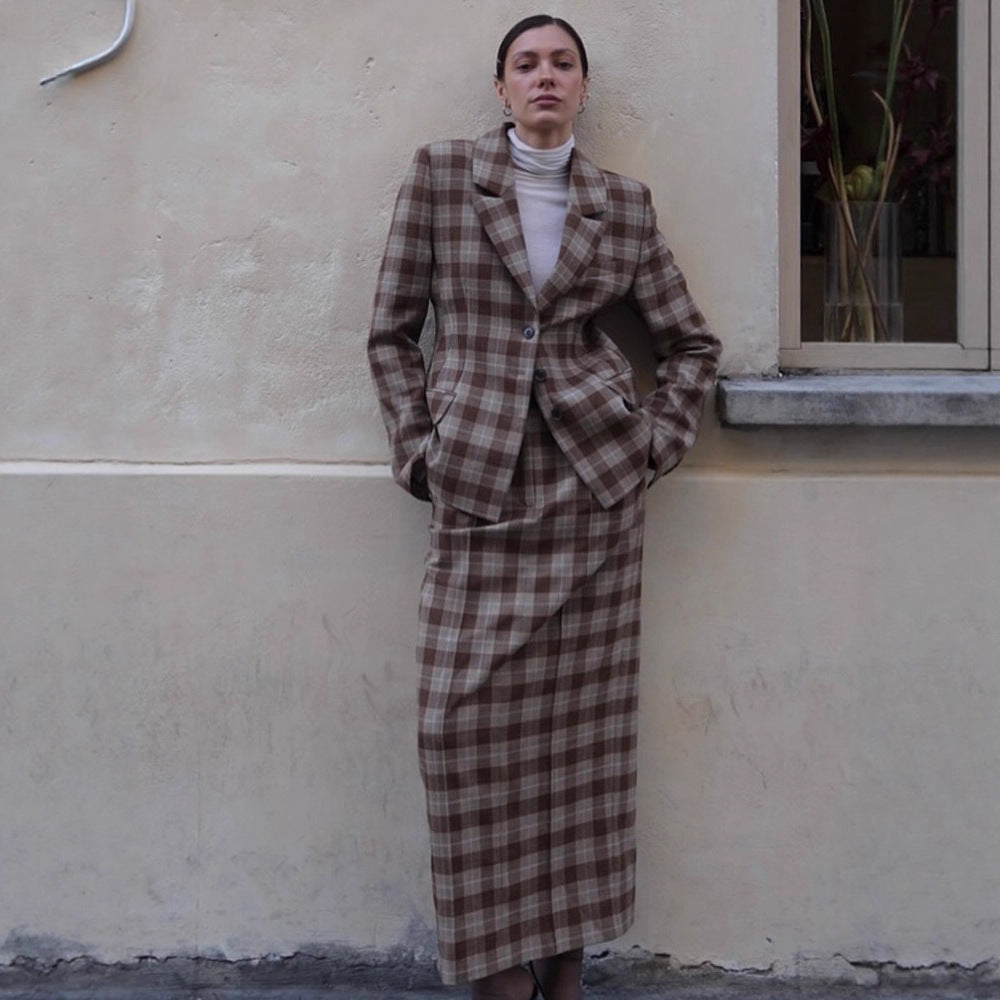 Women's Checkered Blazer and Mini Skirt Set with Tailored Silhouette and Peplum Amarae