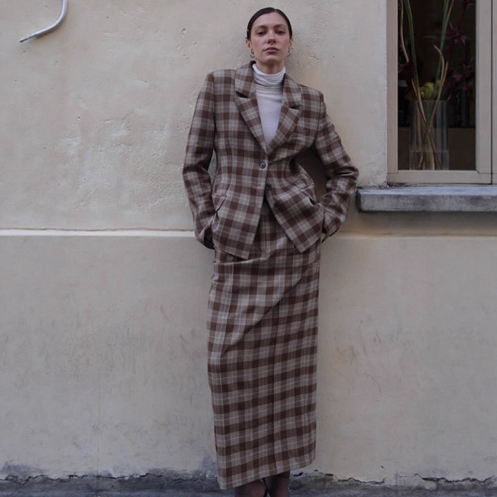 Women's Checkered Blazer and Mini Skirt Set with Tailored Silhouette and Peplum Amarae