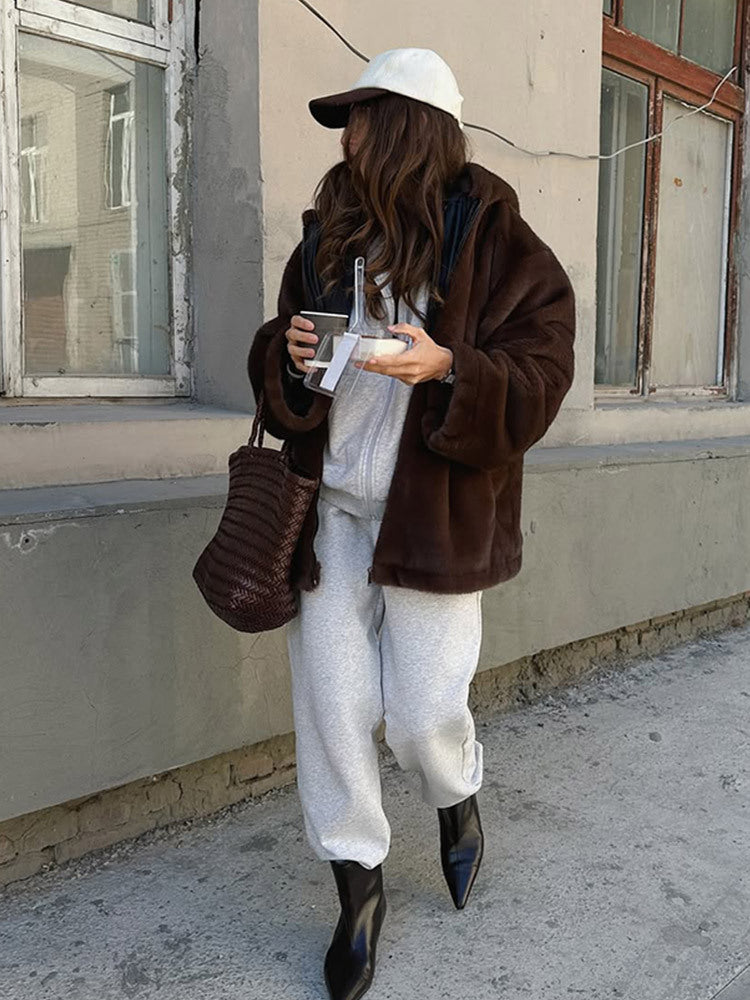 Women's Boxy Short Coat made of vegan Faux Fur with hood, concealed zipper & casual silhouette Amarae