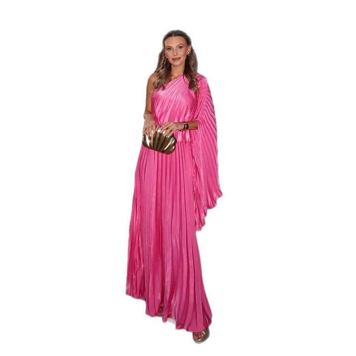 Women One-Shoulder Pleated Maxi Dress with Draped Top and Flowing Ruffle Skirt Amarae