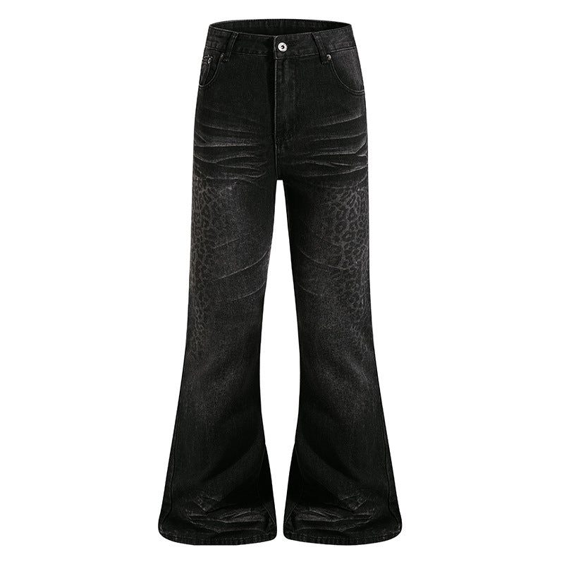 Women's High-Cut Flared Jeans with Subtle Leo Print and Used Wash Amarae