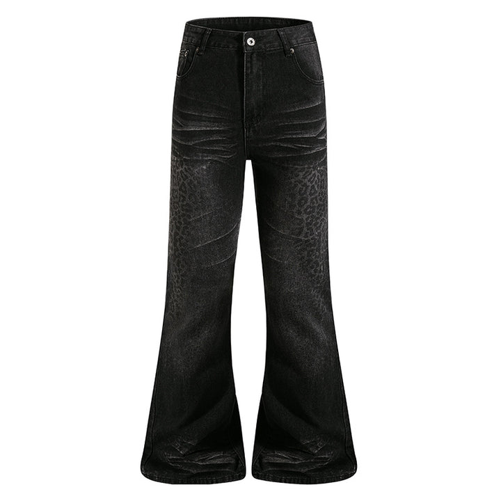 Women's High-Cut Flared Jeans with Subtle Leo Print and Used Wash Amarae