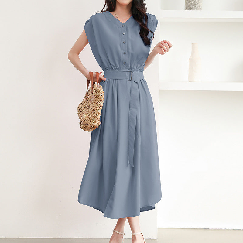 Midi dress for women with button placket and belt at the waist Lune London