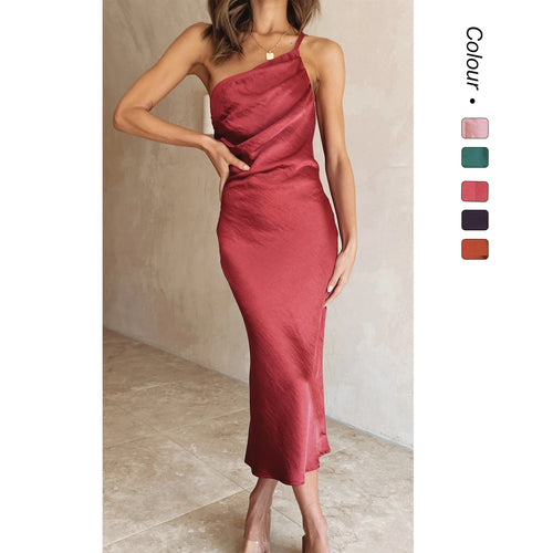 Women's satin midi dress with asymmetrical cut and elegant flair Amarae
