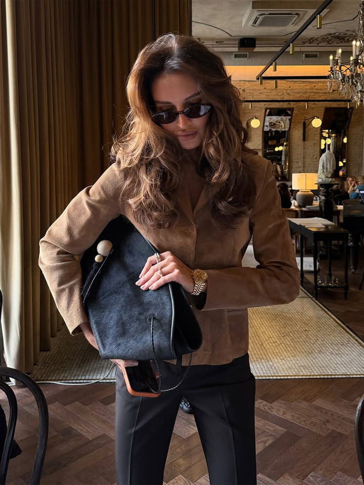 Women's Tailored Suede Blazer Jacket with Shirt Collar and Minimalist Decorative Stitches Amarae