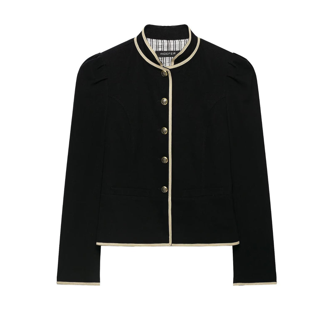 Women Cropped Short Blazer with Stand Collar, Decorative Piping and Medallion Buttons Amarae
