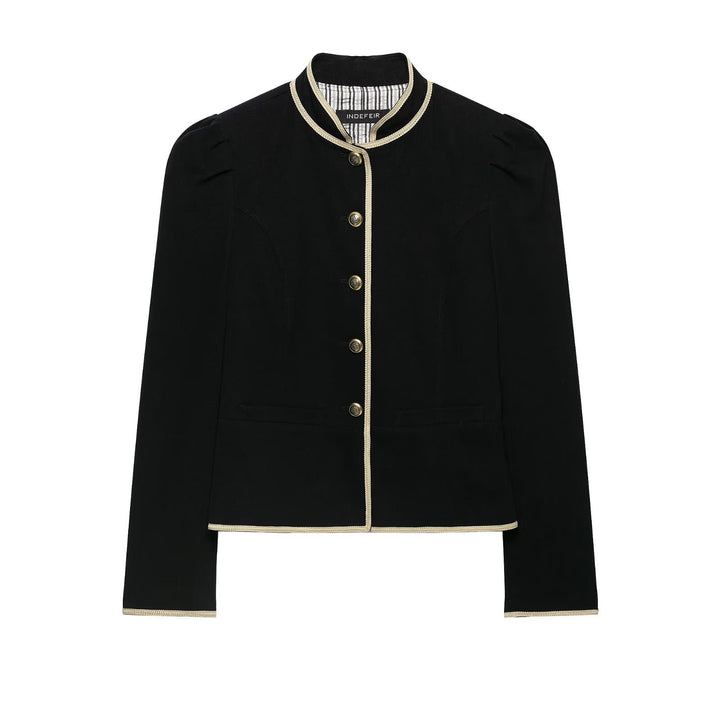 Women Cropped Short Blazer with Stand Collar, Decorative Piping and Medallion Buttons Amarae