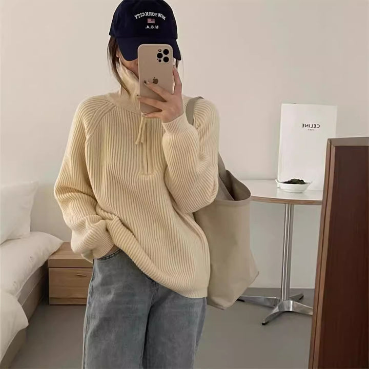 Knitted sweater for ladies with high collar and ribbed structure Lune London