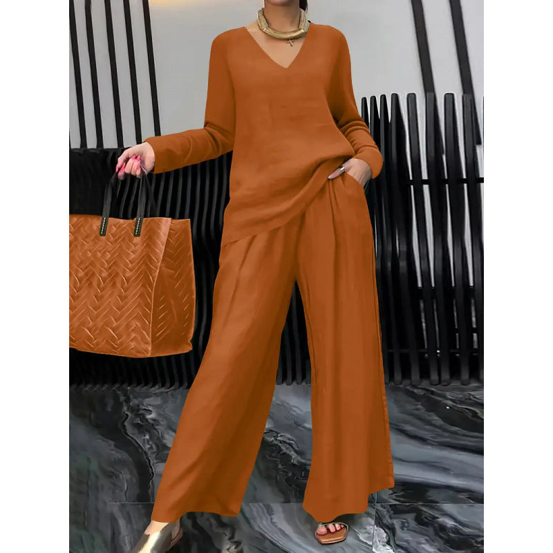 Women's Fine V-Neck Knit Sweater with Flowing Palazzo Pants Amarae