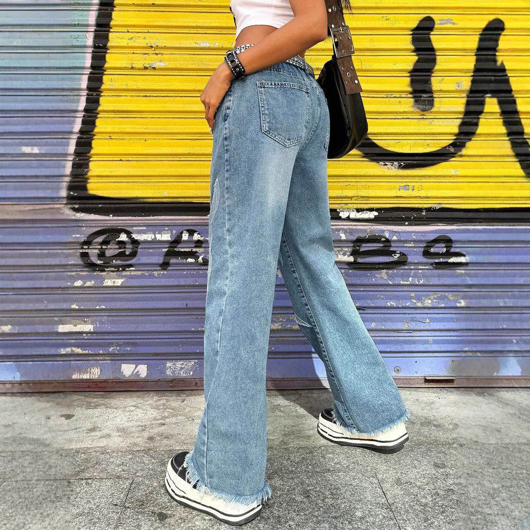Women Baggy Jeans with contrasting flame appliqués & raw hem Amarae
