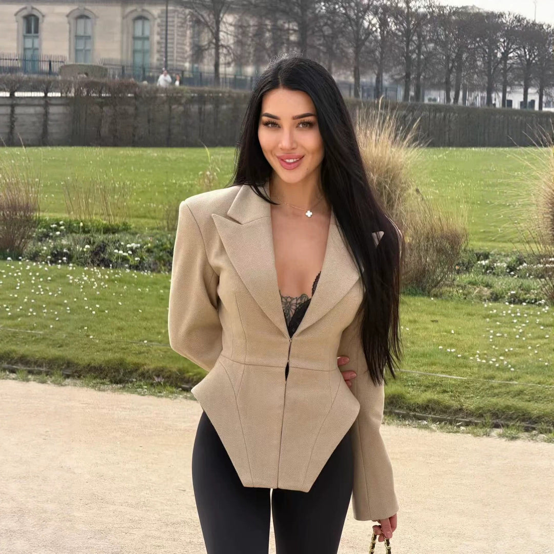 Women's Tailored Structural Blazer with Distinct Peplum and Asymmetrical Hem Amarae