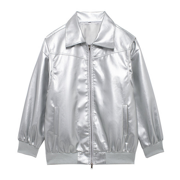 Ladies Trendy Synthetic Leather Jacket with Elastic Cuffs and Practical Pockets Lune London