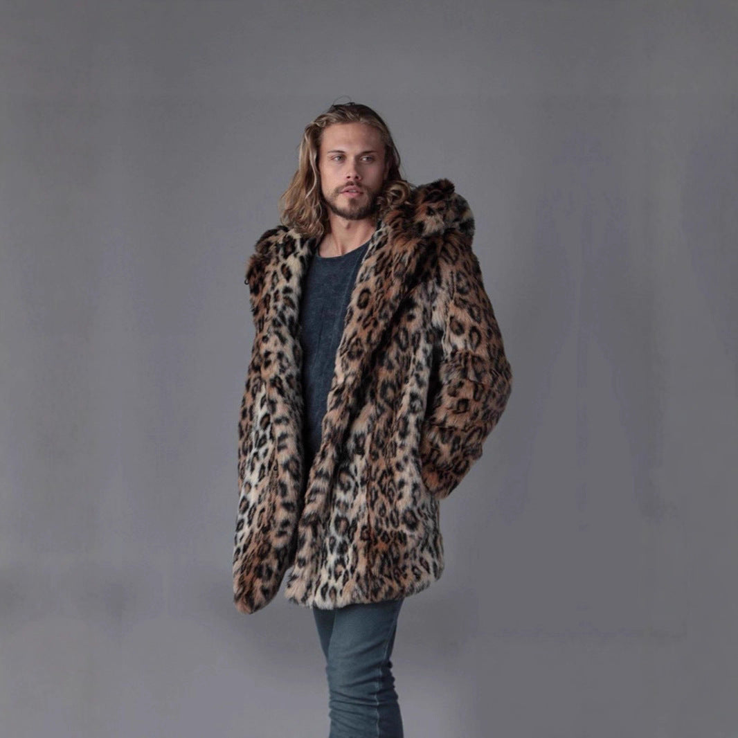 Men's Long Faux Fur Coat with Hood, Ear Application and Oversized Silhouette Amarae