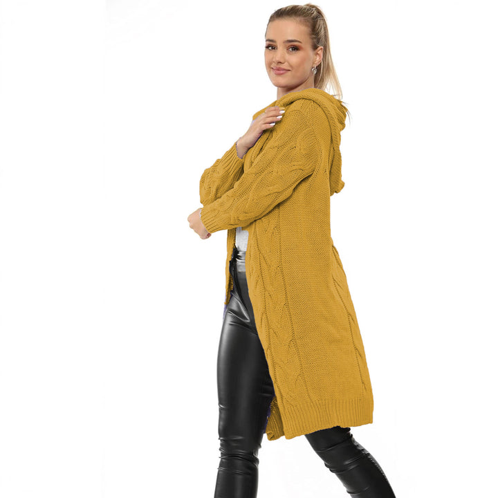 Ladies large knit wrap cardigan with hood and cable pattern Lune Londonl