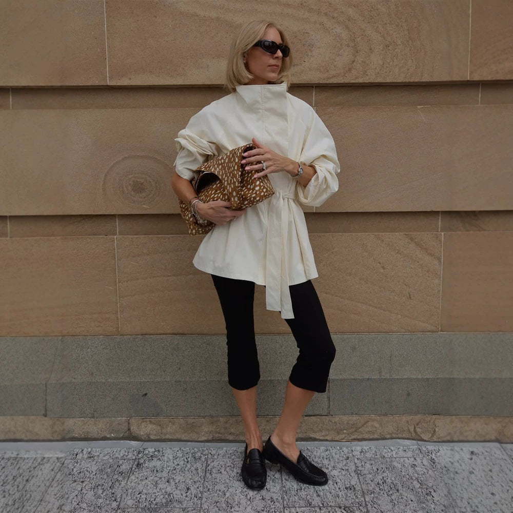 Women's Boxy Short Coat with High Stand Collar and Tied Belt Amarae