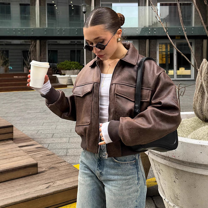 Women Cropped Suede Look Bomber Jacket with Flap Pockets and Ribbed Hem Amarae