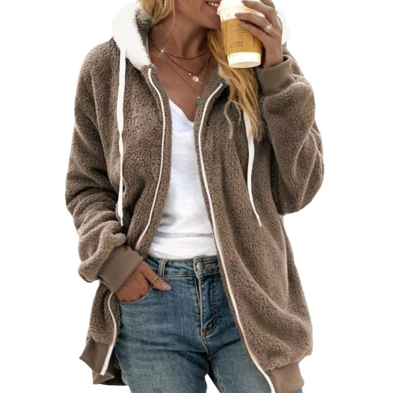 Women's Oversized Sherpa Zip Jacket with Contrast Collar, Ribbed Cuffs, and Drawstring Amarae