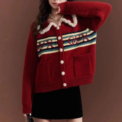 Knit jacket for women with a colorful pattern and a fluffy collar Amarae