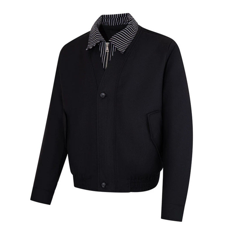 Men's short-cut blouson jacket with striped inner collar, concealed two-way zipper, and elastic hem Amarae